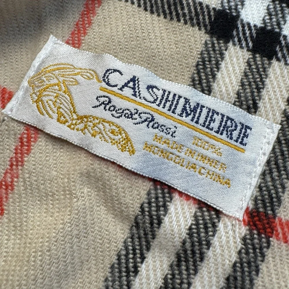 Royal Rossi 100% Cashmere Scarf Plaid Cream Tan Plaid Fringe Inner Mongolia